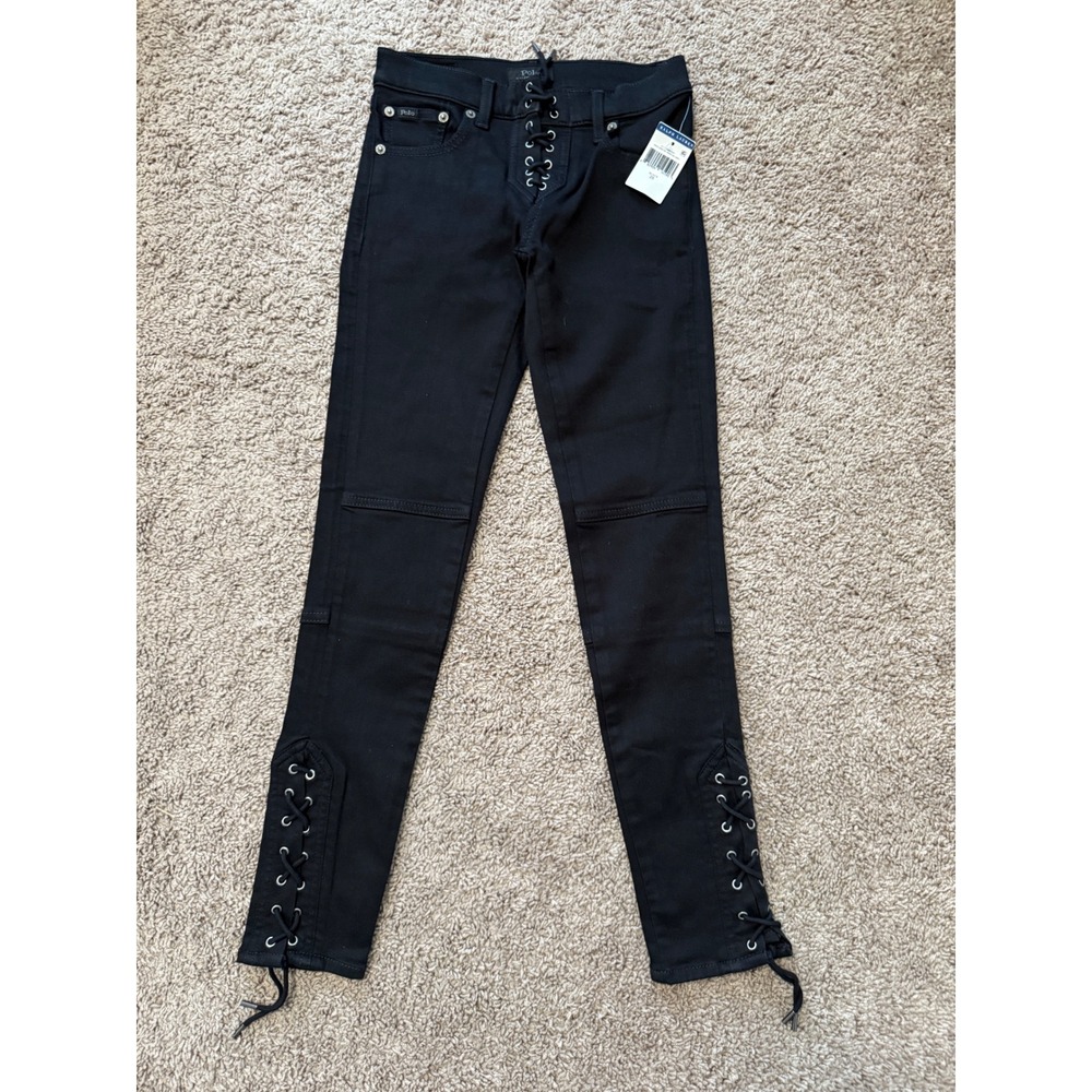 Polo Ralph Lauren Lace-Up Tompkins Super Skinny Jeans Black Denim Pants Size 25‎
